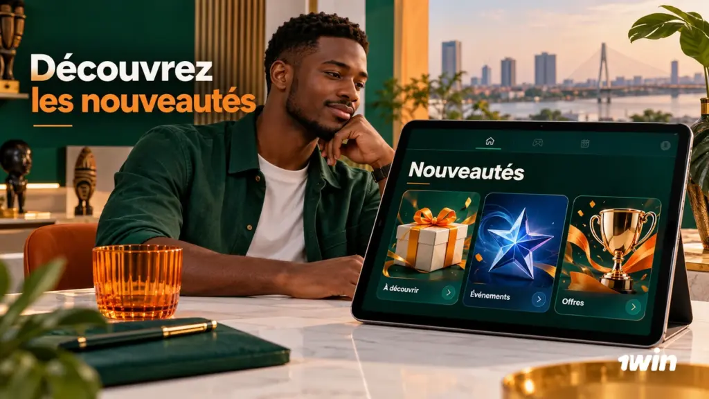 Homme regardant une tablette illustrant des nouveautés et cadeaux.