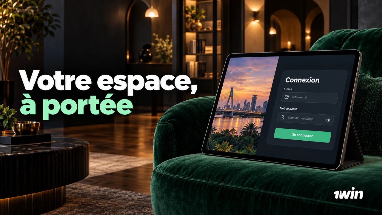 Tablette affichant un formulaire de connexion dans un salon sombre.