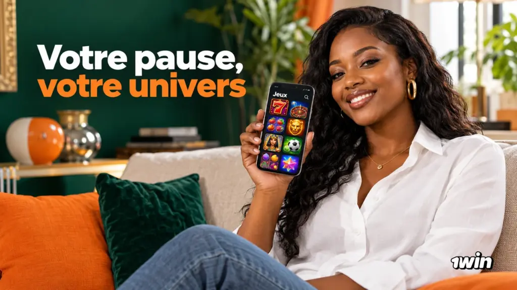 Femme tenant un téléphone avec une illustration de jeux.