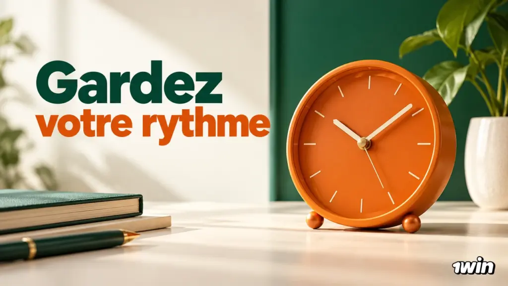 Horloge orange près de livres avec un rappel de garder son rythme